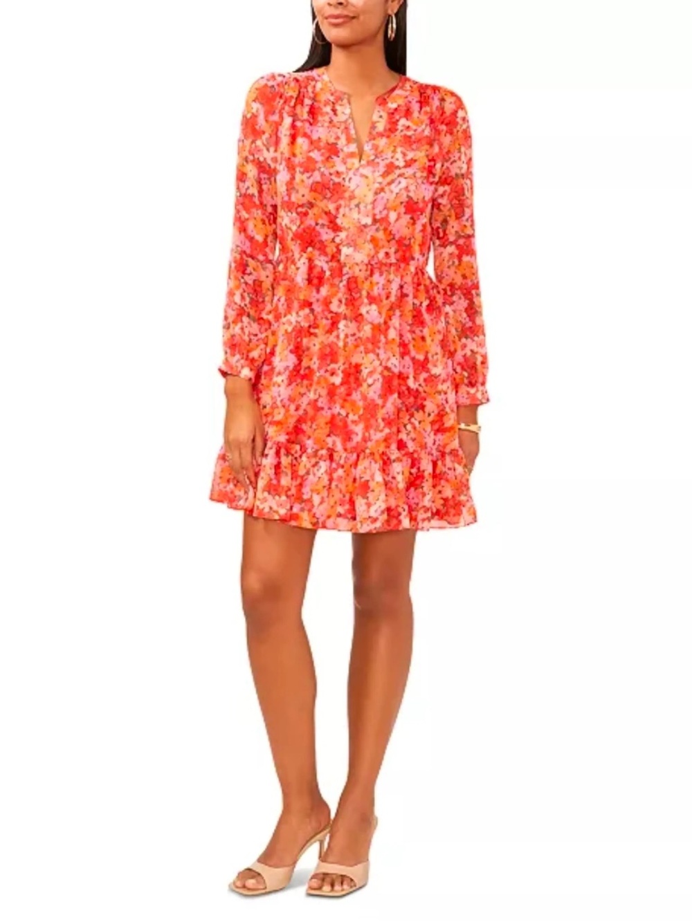 Vince Camuto Women’s Red Floral V-Neck Long Sleeve Tunic Dress